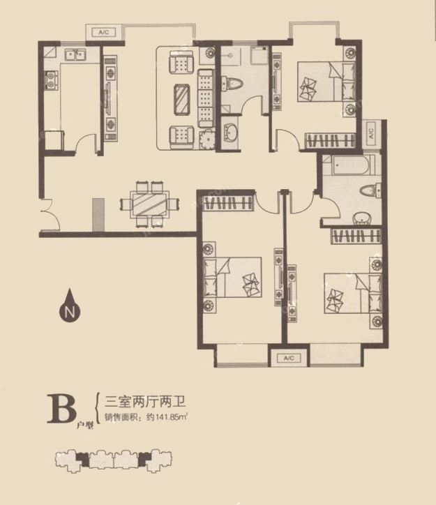 B戶型 三室兩(liǎng)廳兩(liǎng)衛 141.85㎡