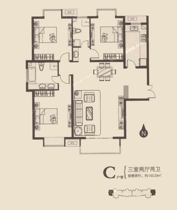 C戶型 三室兩(liǎng)廳兩(liǎng)衛 142.23㎡